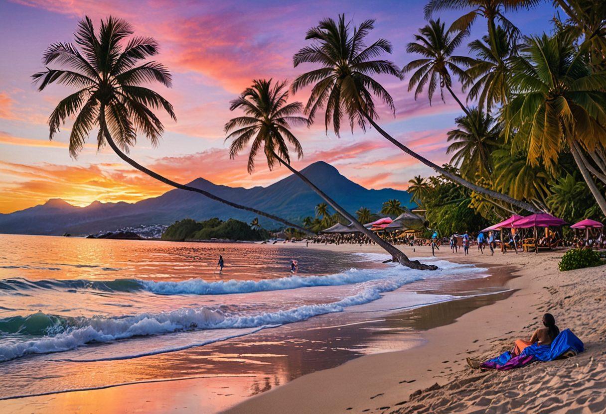 A picturesque Guatemalan beach at sunset, featuring vibrant colors of the sky reflecting on the ocean. In the foreground, a diverse group of travelers in colorful resort wear enjoying local cultural experiences like traditional dance and cuisine. Palm trees sway gently in the breeze, with distant mountains framing the scene. Add elements of adventure, like snorkeling or beach volleyball in the background. super-realistic. vibrant colors. tropical scene.